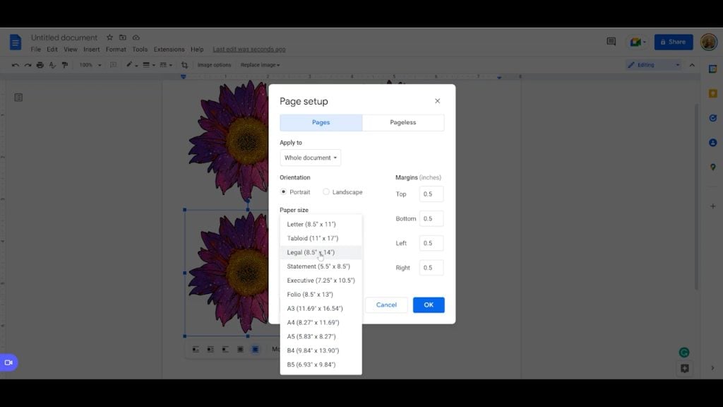 paper size in google docs