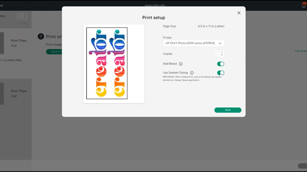 printer settings in cricut design space
