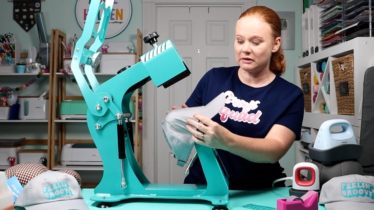 Professional Hat Press with hat being applied.