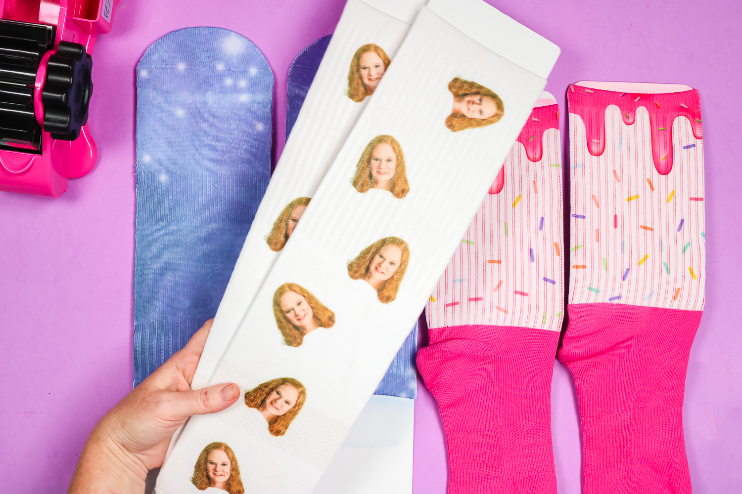 Tube socks with sublimated faces and form inside.