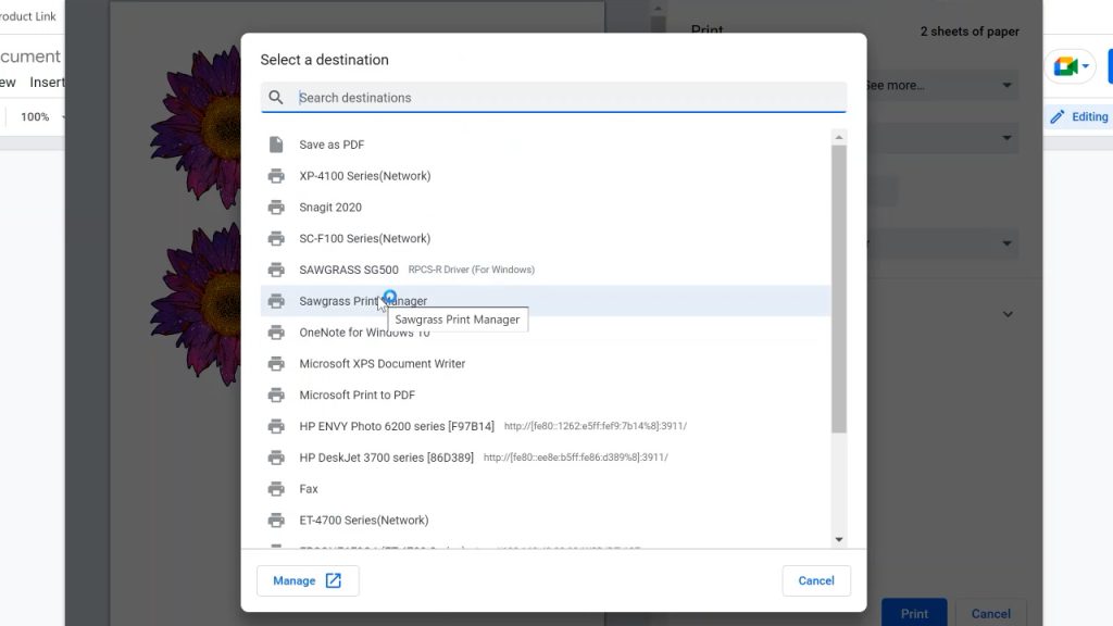 choosing sawgrass print manager as a printer