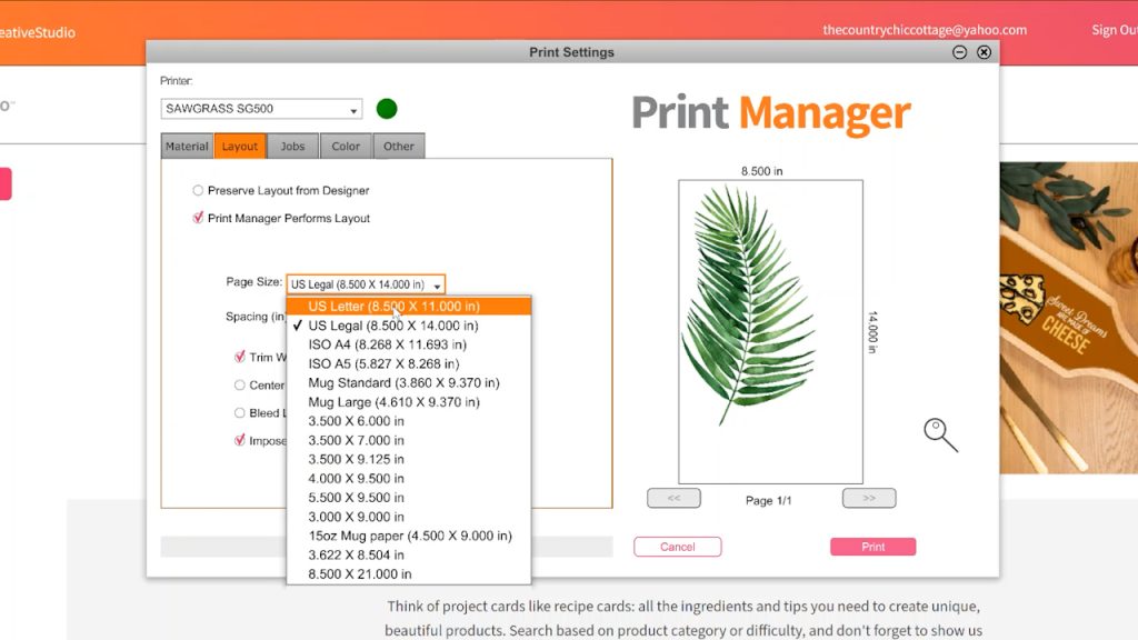sawgrass print manager changing paper size