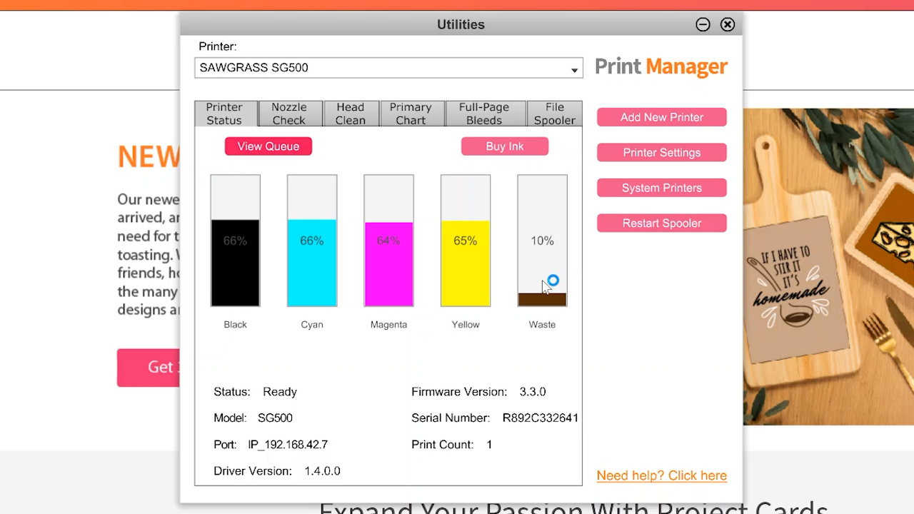 Sawgrass Printer Utilities tab.