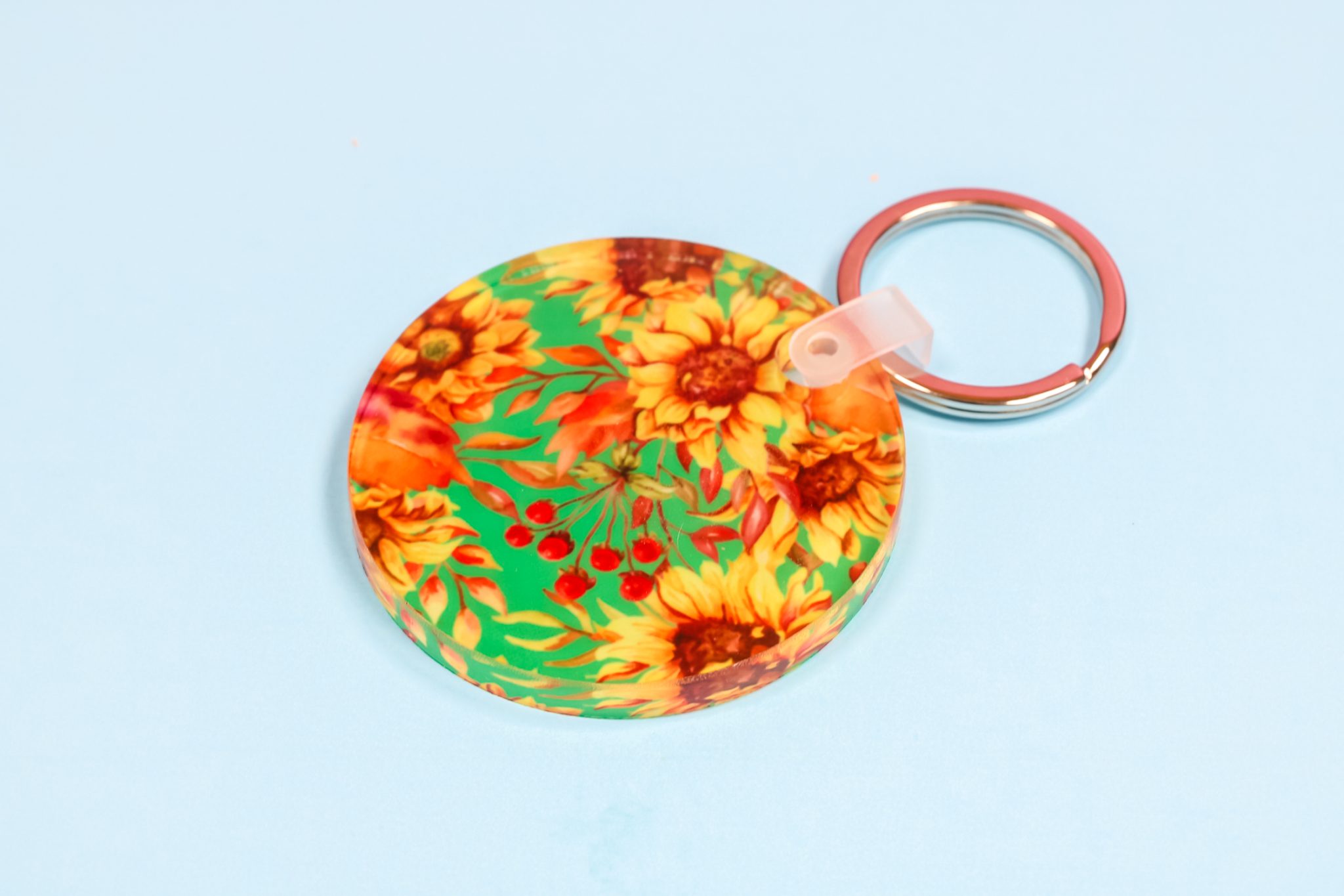 Finished round acrylic sublimation keychain.