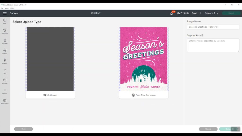 uploading a print then cut card to cricut