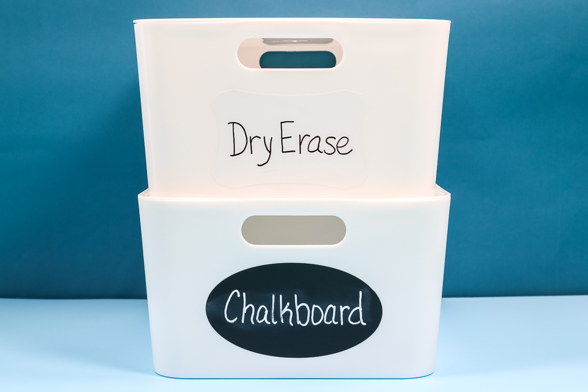 Dry Erase and Chalkboard vinyl labels on bins.