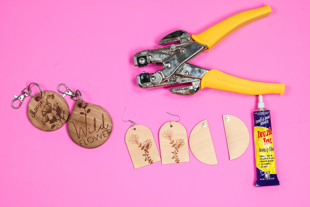 Add holes and fixings to wood earrings.