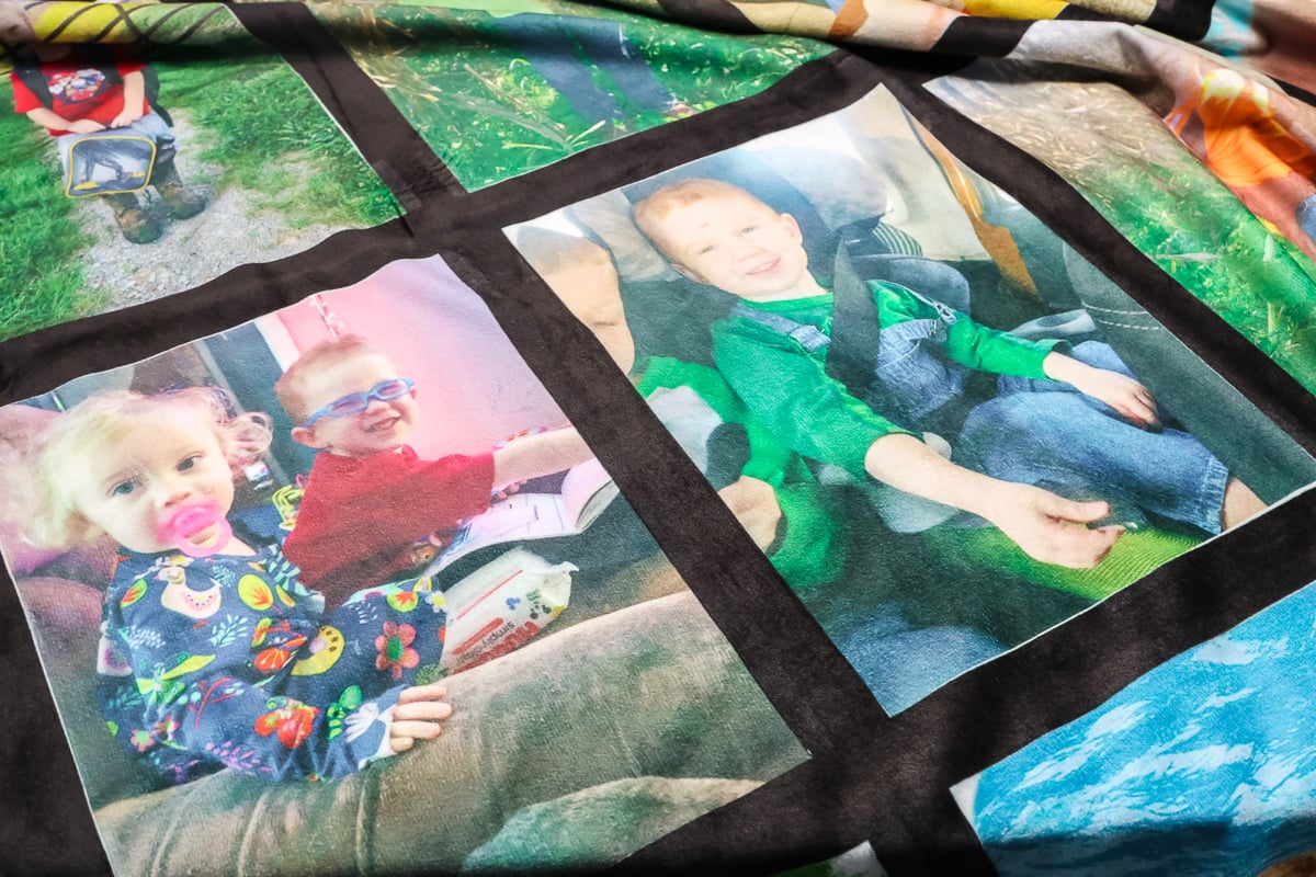 Close up of sublimation photos on blanket.