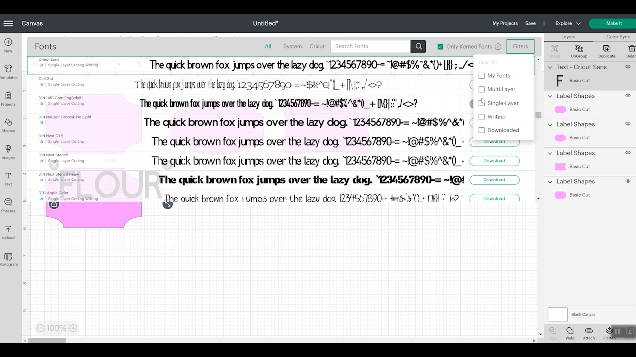 filtering fonts in cricut design space