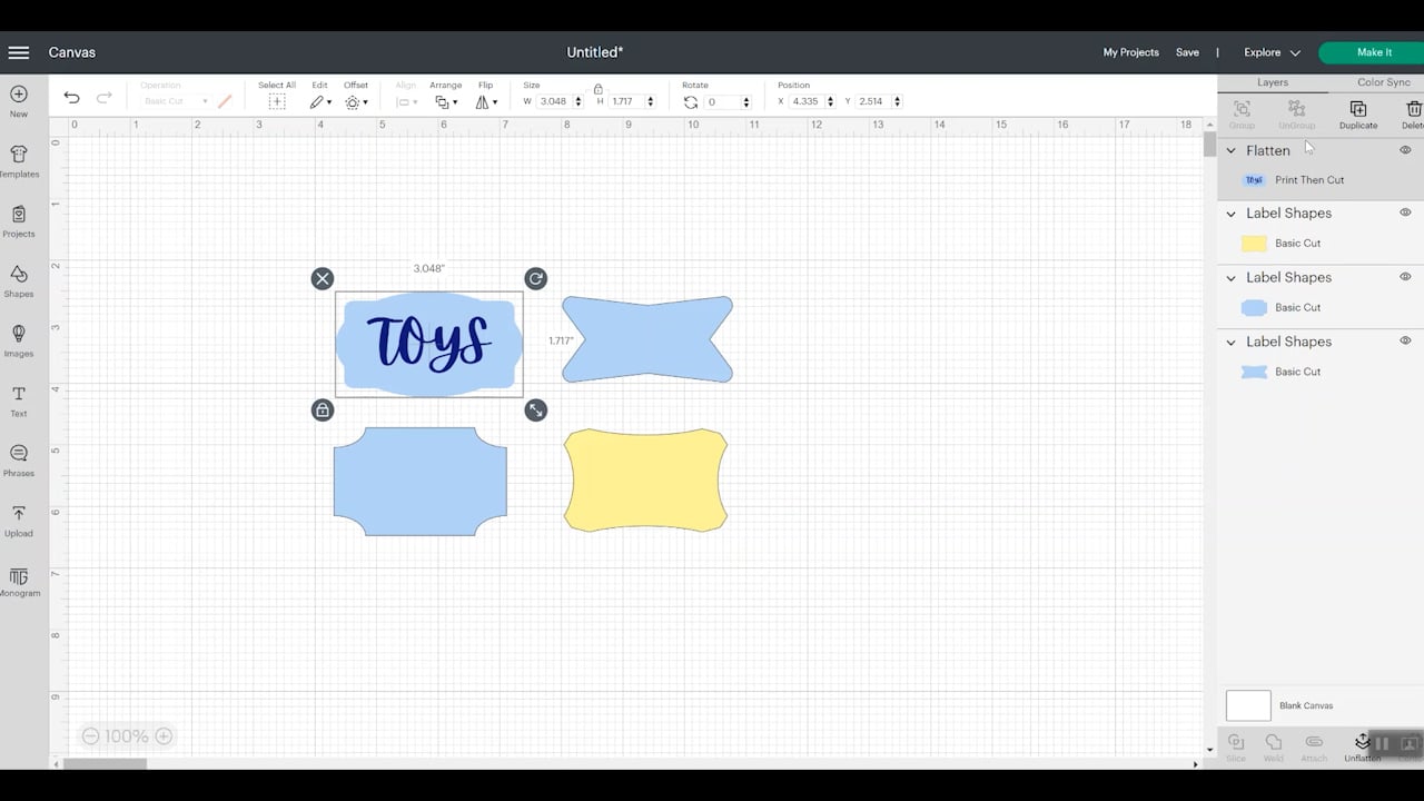 flatten labels in cricut design space