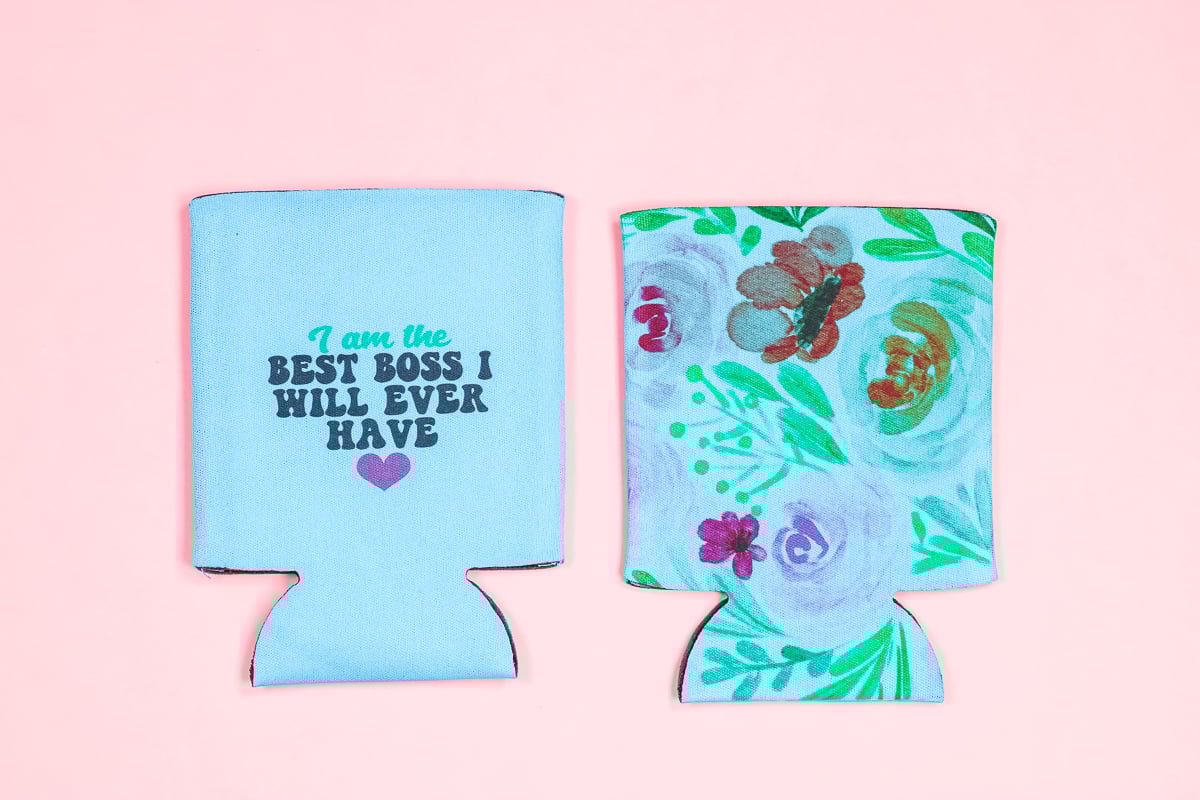 Sublimation design on blue foam koozie.