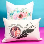 White square pillow and linen rectangle pillow with sublimation designs.