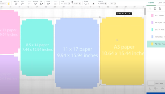 All template sizes on canvas with error in layers panel.