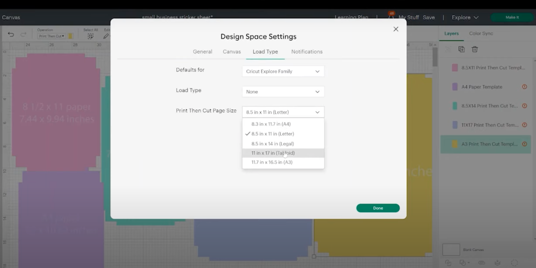 How to change paper size in settings for Load Type.