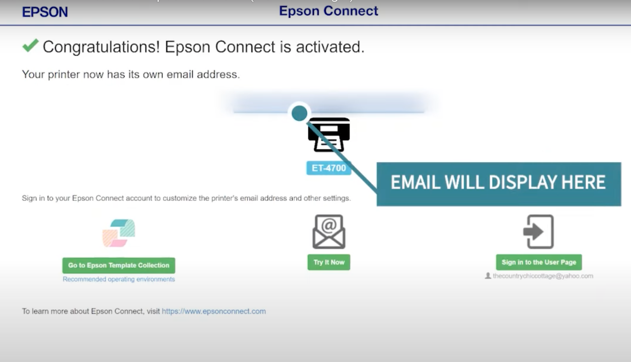 Epson Connect is activated confirmation page.