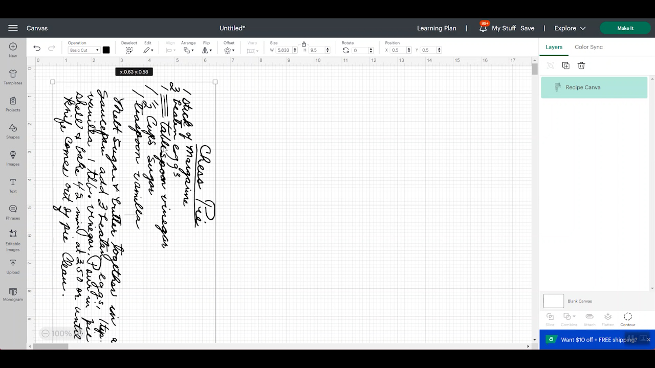 handwritten recipe in cricut design space