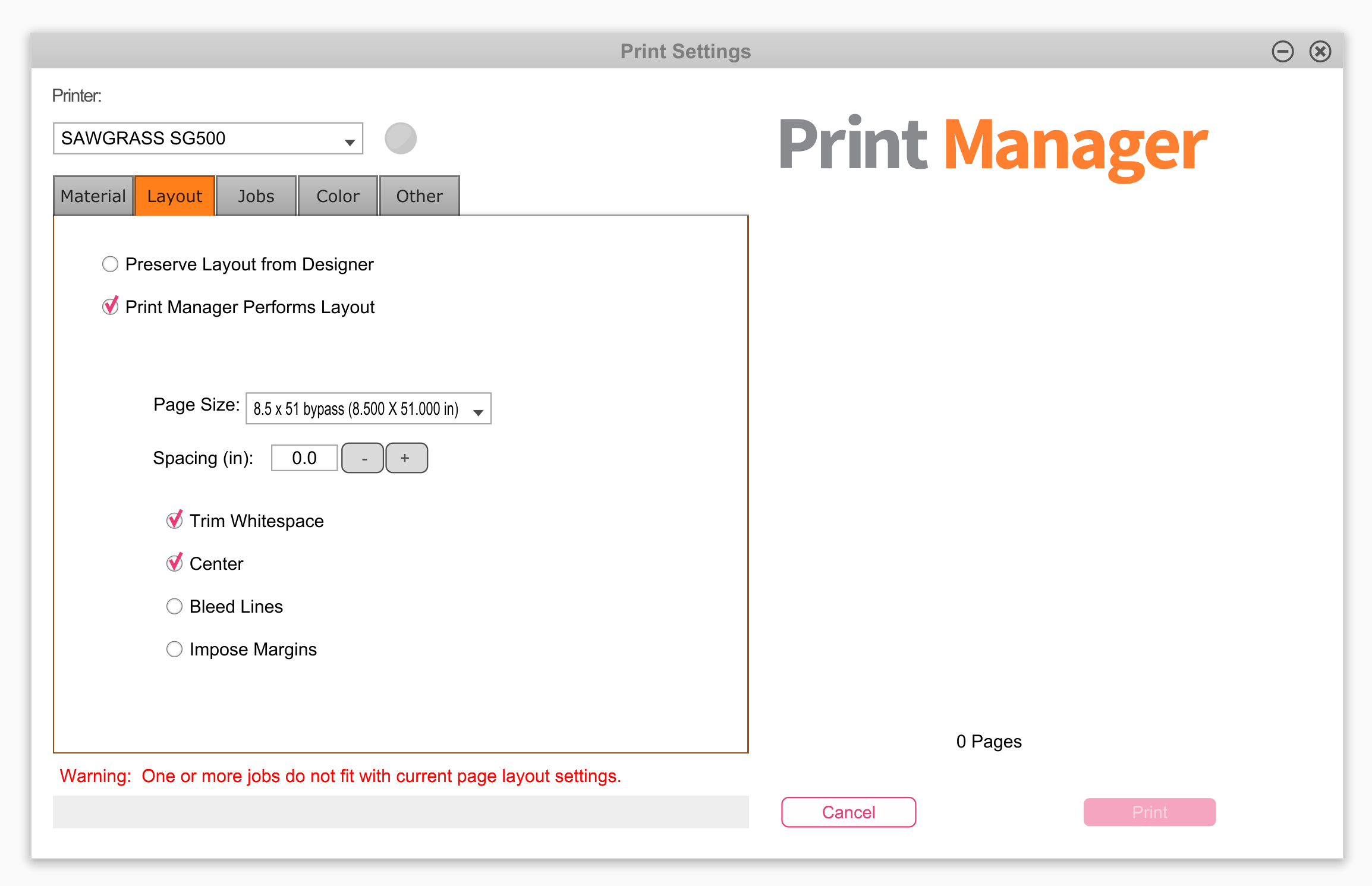 picking paper size in sawgrass print manager