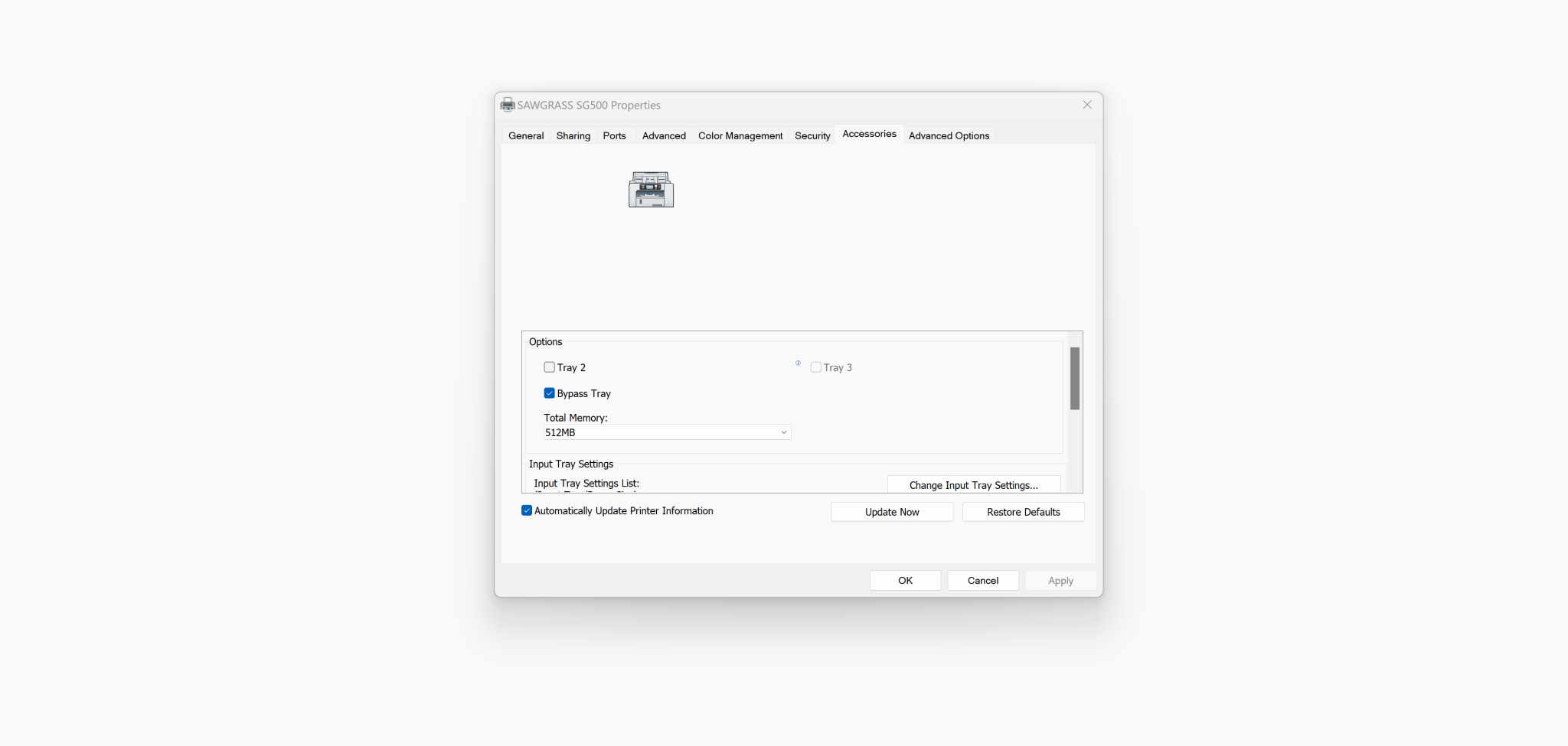 sawgrass printer properties for bypass tray