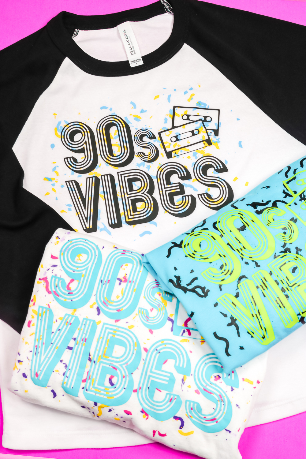 90's vibes screen print confetti t-shirts.