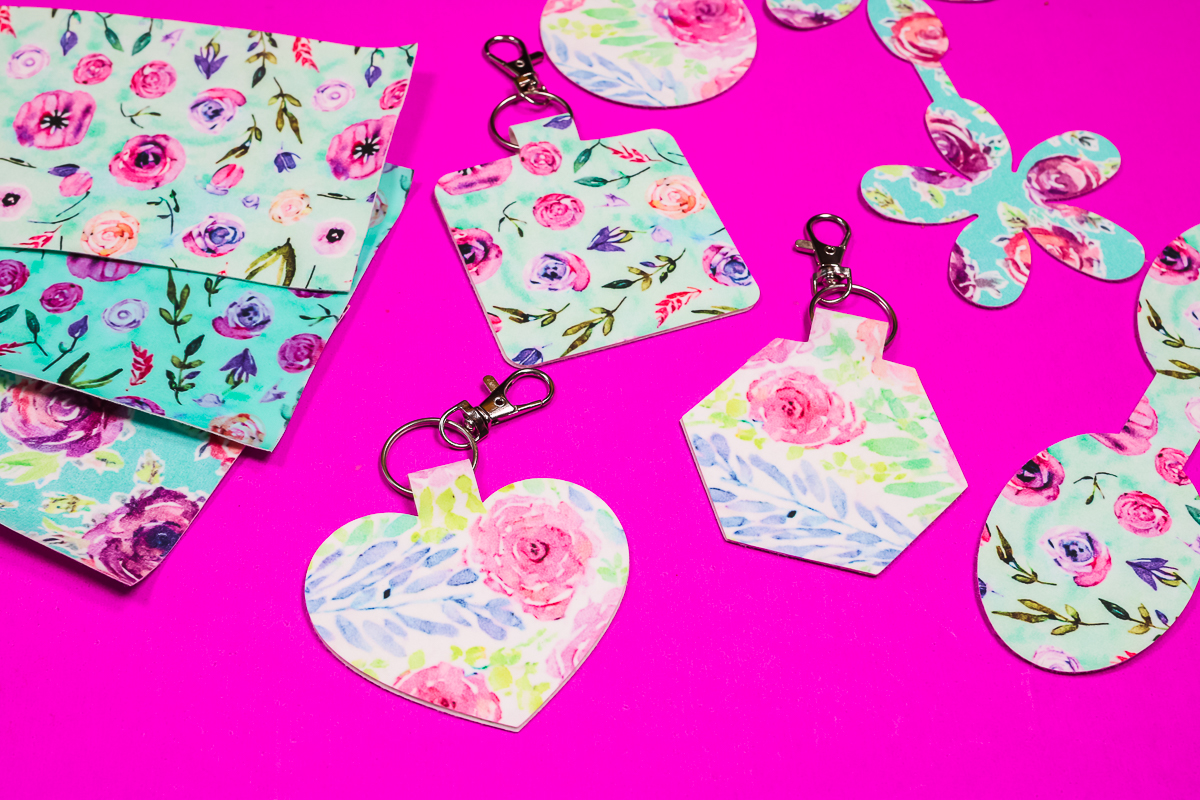 Finished key fobs in a variety of shapes and designs.