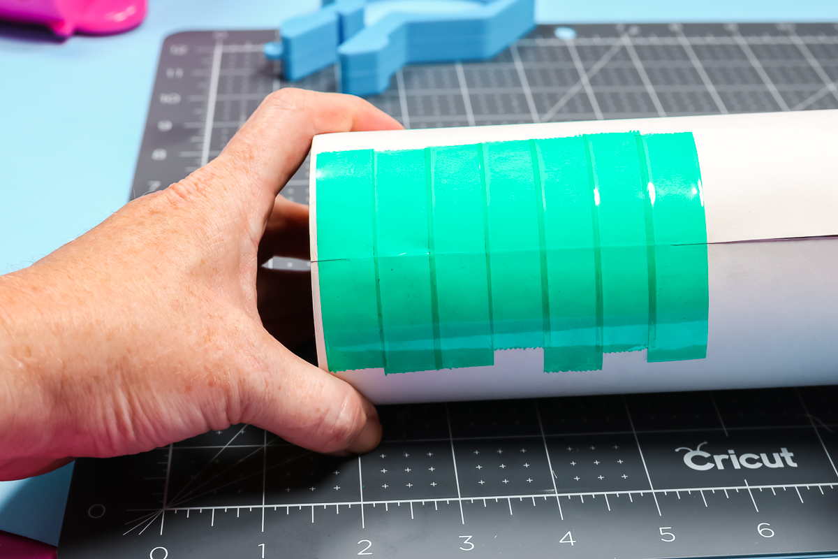 Tape on the seam of a sublimation tumbler.