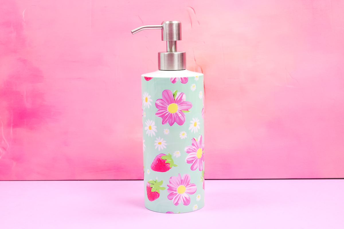 Sublimation soap dispenser with kitchen print.