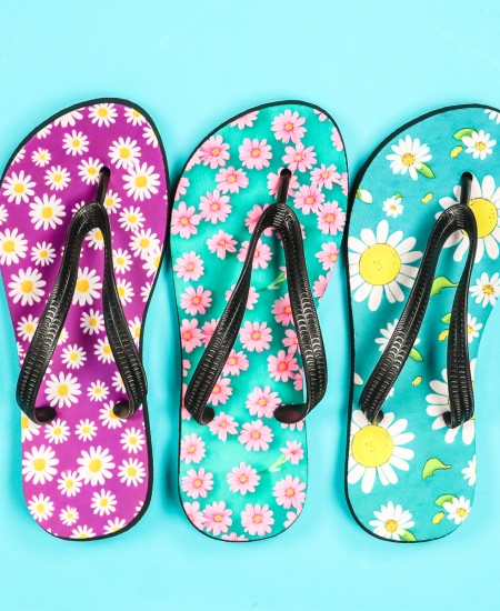 Finished flip flops with sublimation prints.