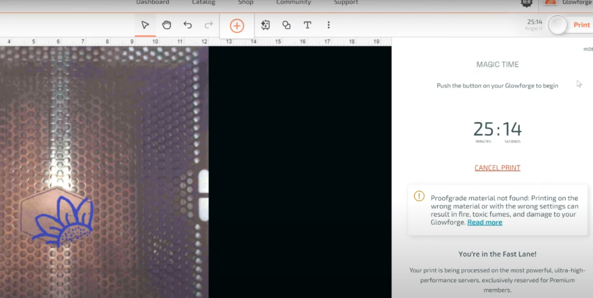 Glowforge screen with Magic Time display.