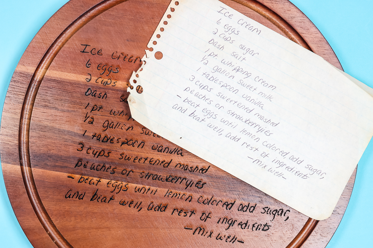 Close up of written recipe and engraved recipe.