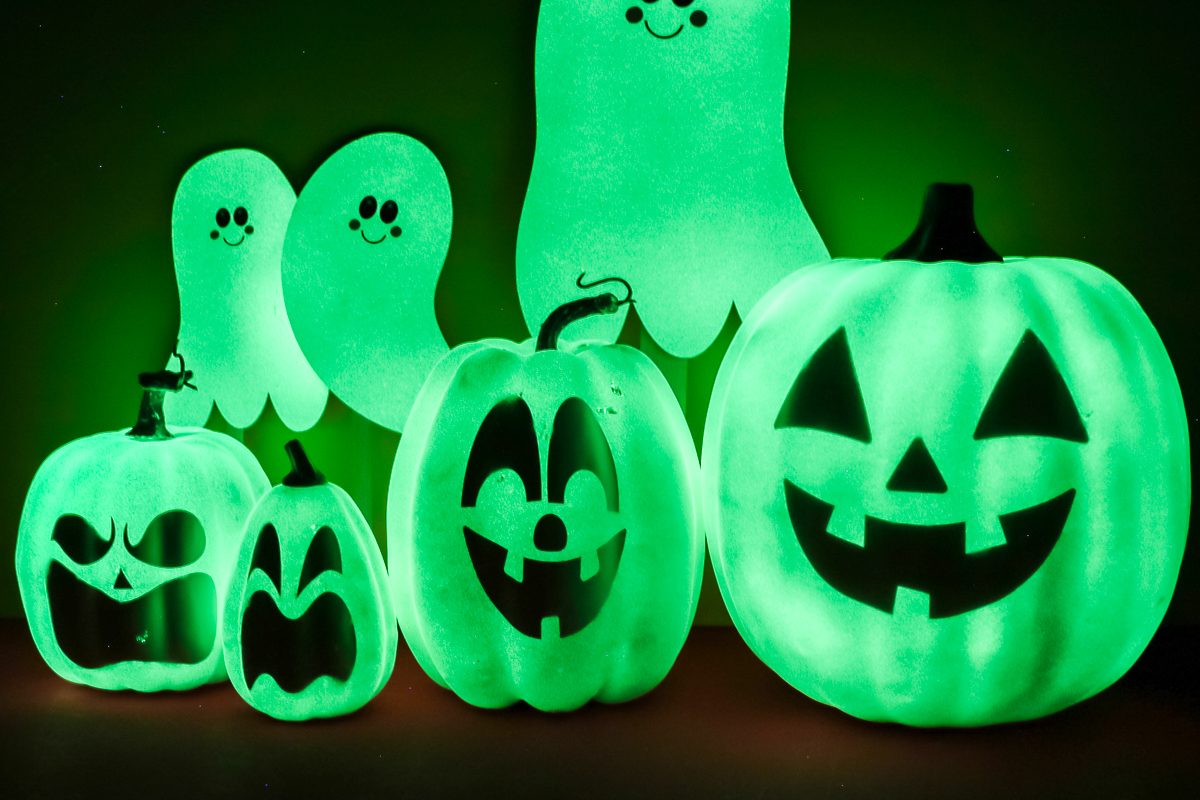 Close up of glow in the dark pumpkins.