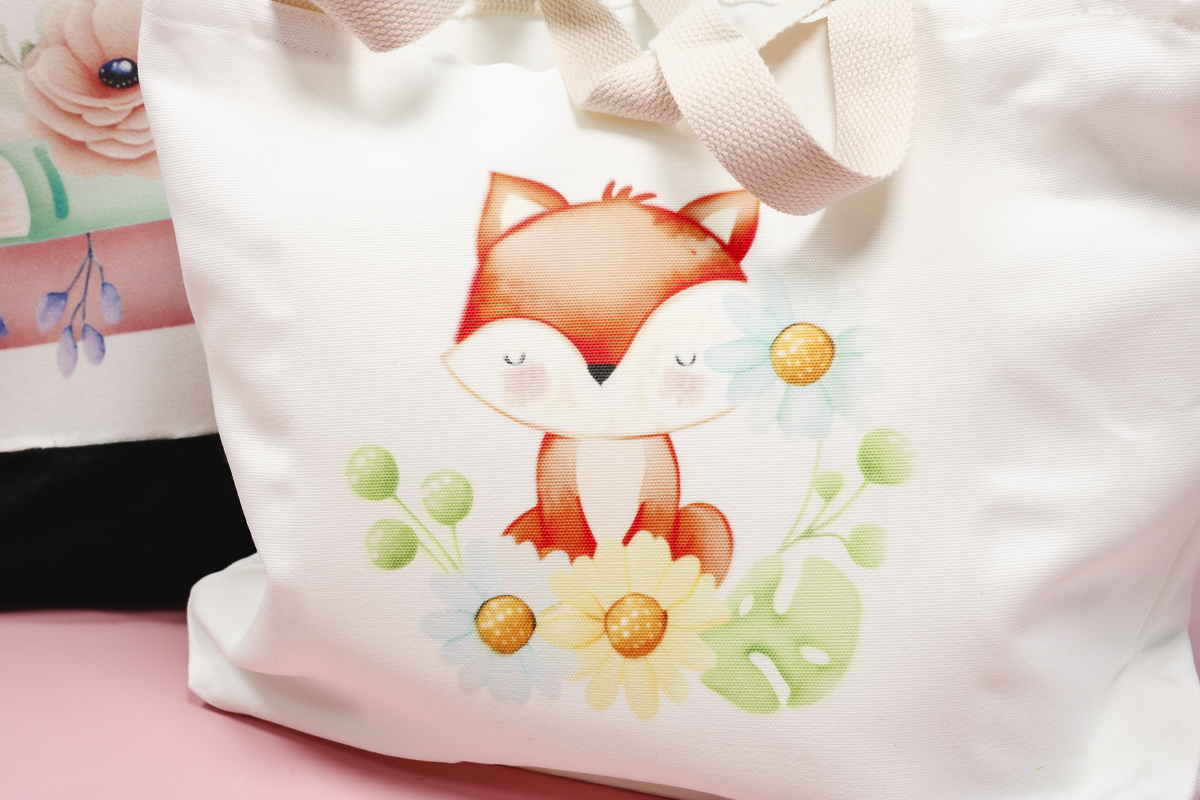 Close up of fox sublimation tote.