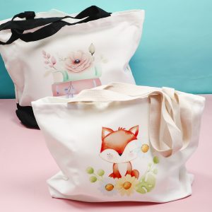 Sublimation tote bags with fox and books.