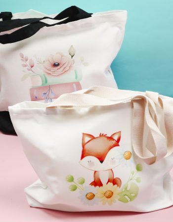 Sublimation tote bags with fox and books.