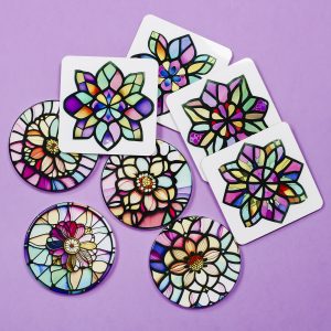 Sublimation coasters with stained glass designs.