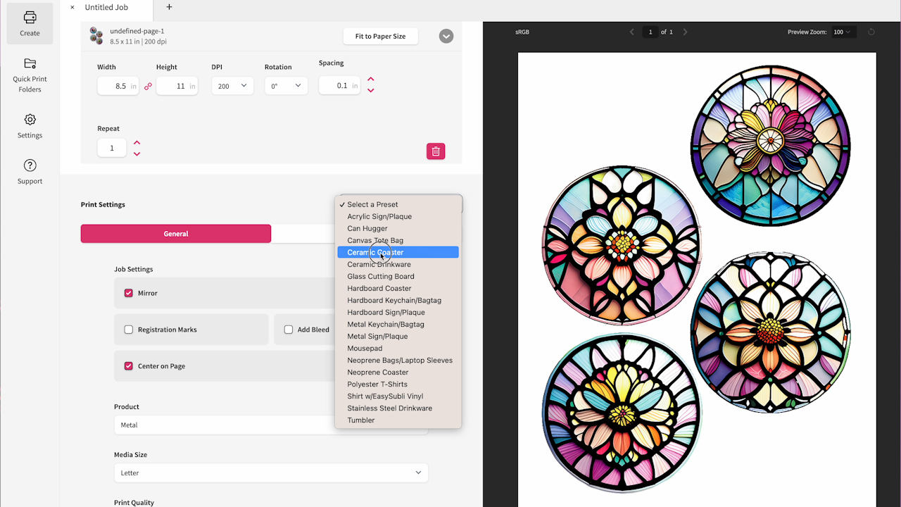 sawgrass printer settings for coasters