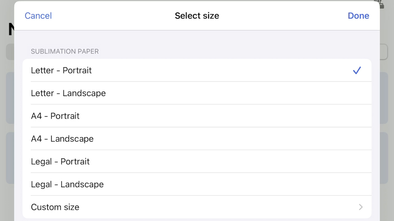 selecting paper size in artespira app