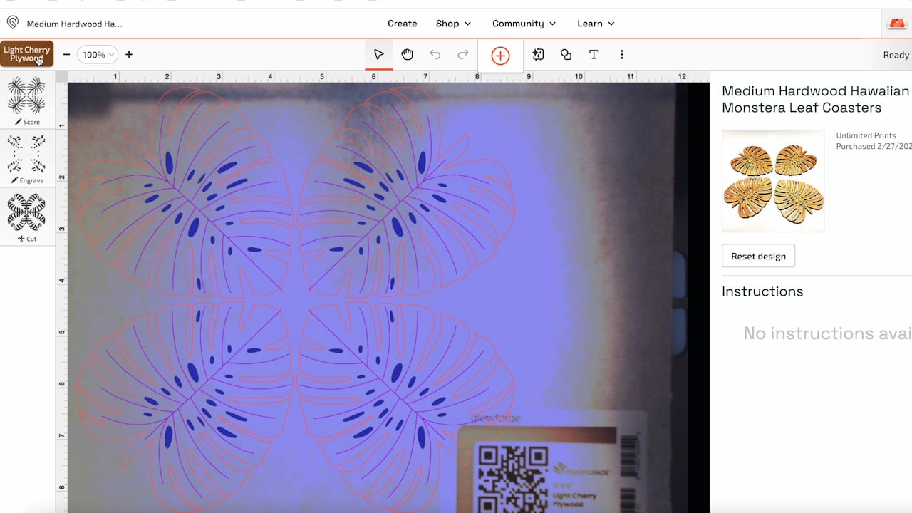 proofgrade material setting on screen