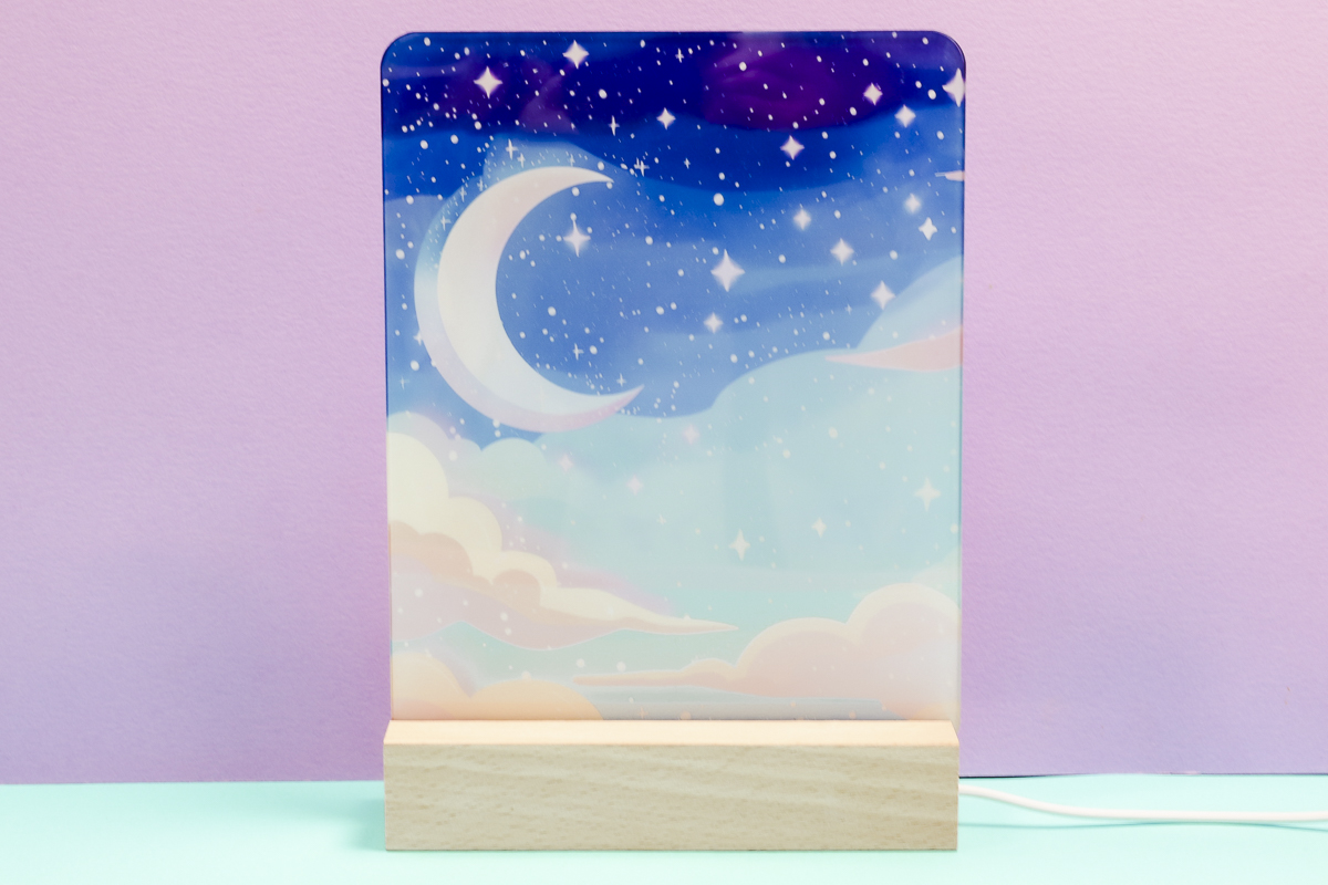 Acrylic sublimation nightlight with wood base.