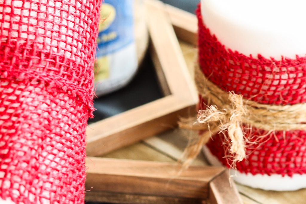 burlap ribbon and twine around pillar candles