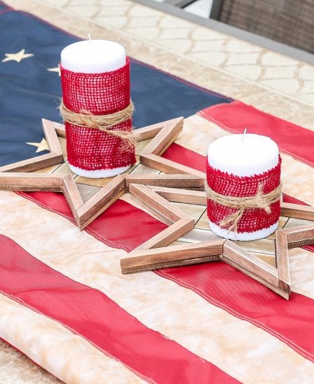 burlap covered candles on American flag