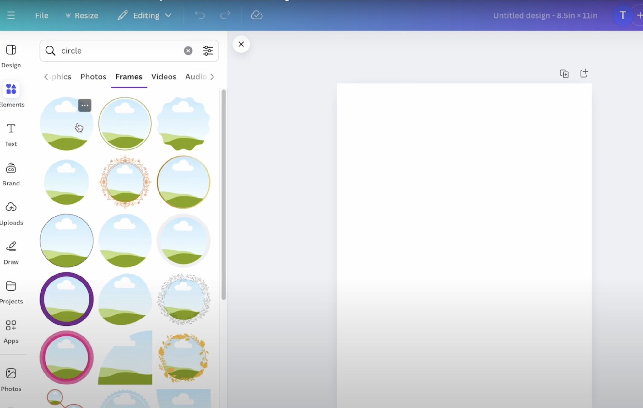 Search circle frame options.