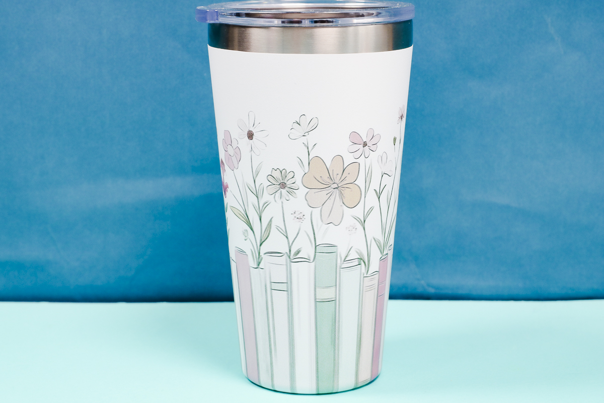 Close up of finished full wrap white tumbler.