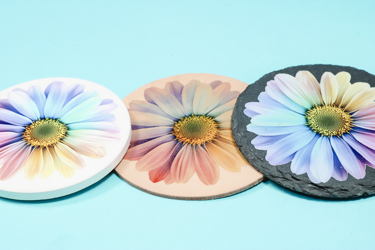 Comparing UV printed coasters.