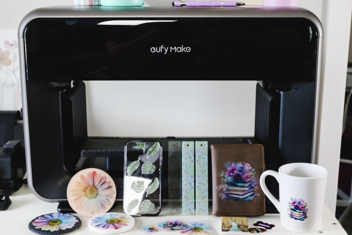 eufyMake E1 printer with finished projects.