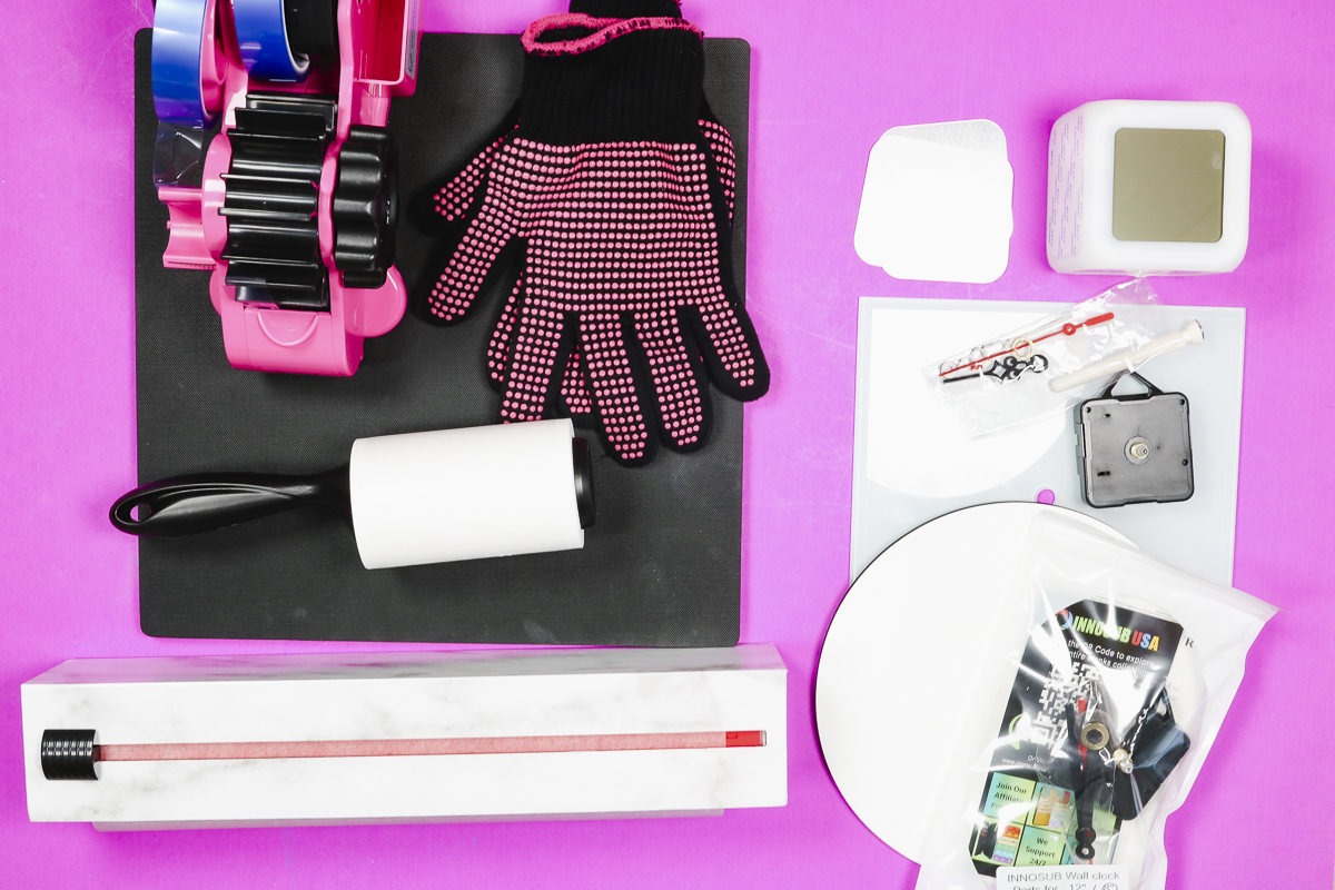Supplies used for sublimation clocks.