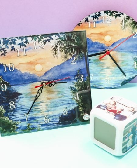 sublimation clocks on a table