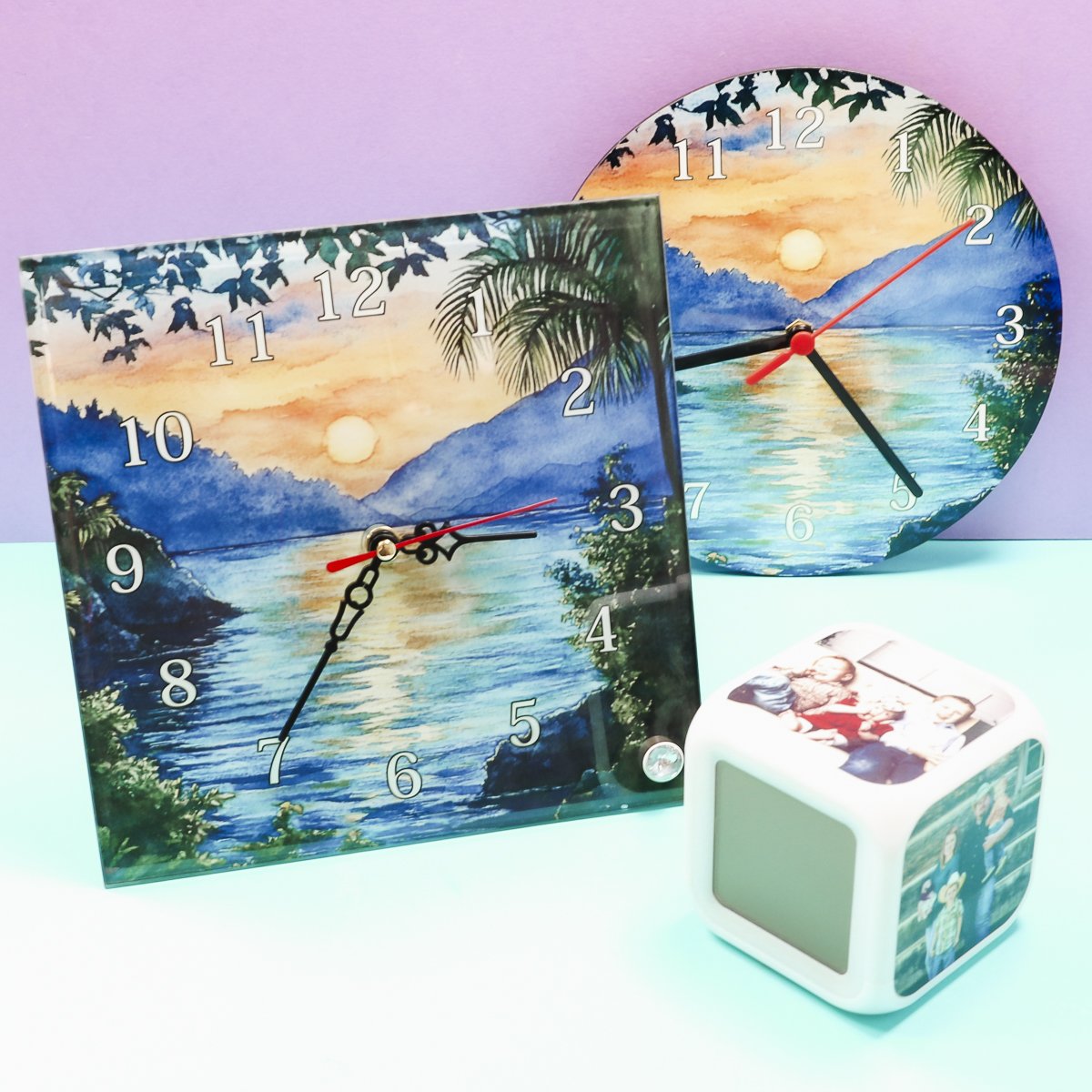 sublimation clocks on a table