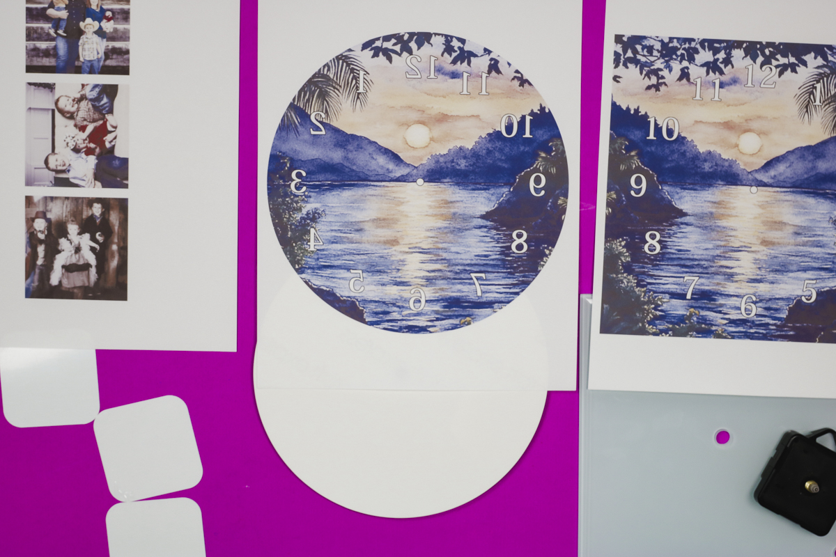 Locate round sublimation print on round clock.