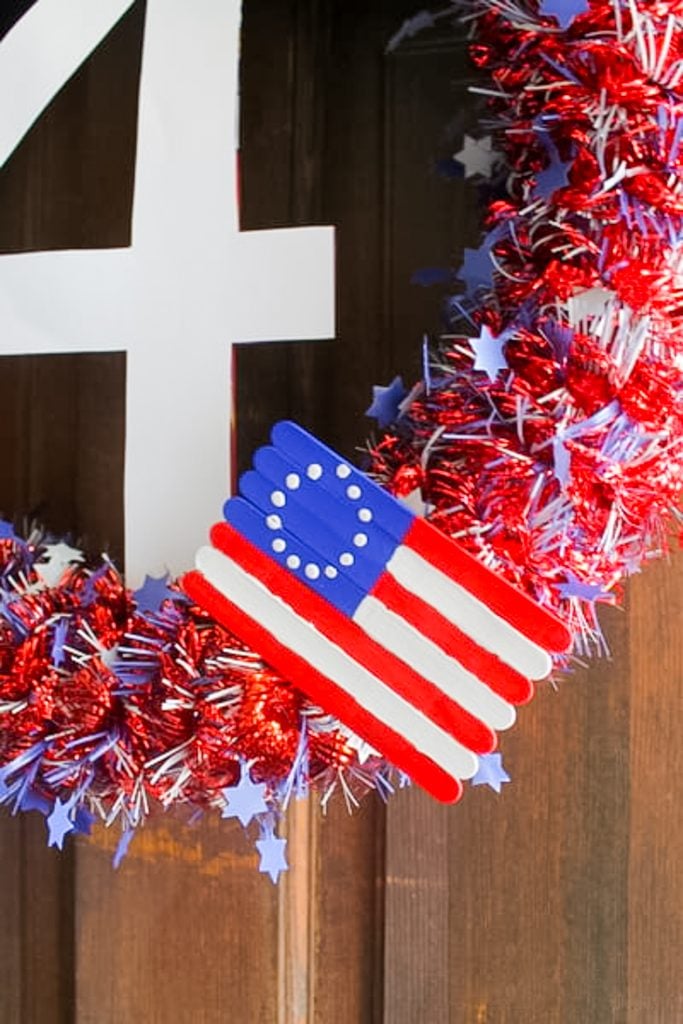 Popsicle stick flag on pool noodle wreath