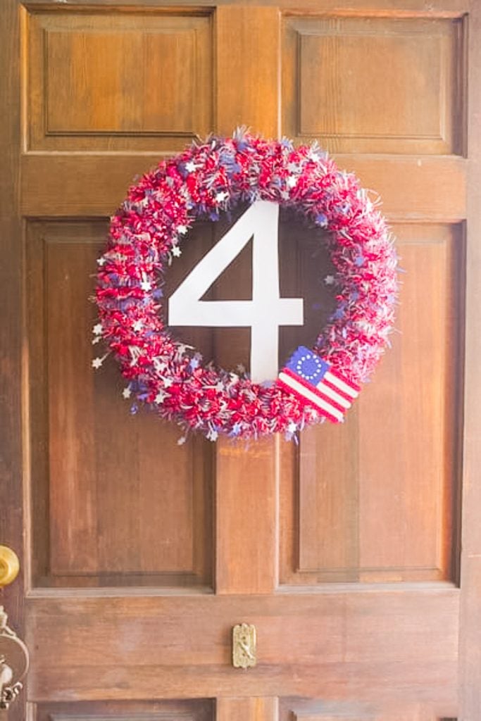 Patriotic wreath on a wooden door